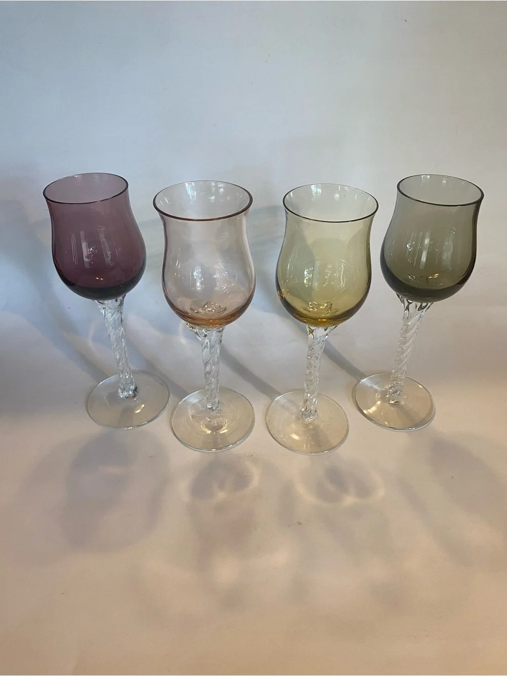 Vintage Multi-Color Harlequin Wine Glasses Applied Clear Twist Stem Set of 4 MCM